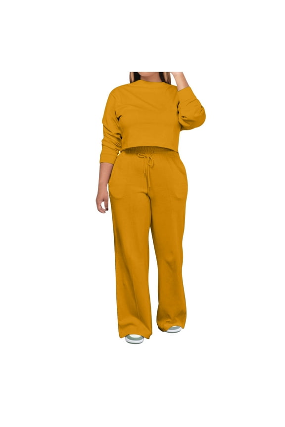 2 Piece Sweatsuit for Women Long Sleeve Crew Neck Cropped Sweatshirt Wide Leg Pants Solid Casual Loose Loungewear Set, Yellow, L