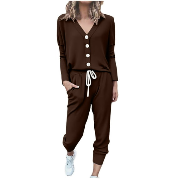 2 Piece Sweatsuits Long Sleeve Lounge Sets Womens Button Up V Neck Top and Joggers Pant Fall Outfits, Brown L
