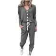 thumbnail image 1 of 2 Piece Sweatsuits Long Sleeve Lounge Sets Womens Button Up V Neck Top and Joggers Pant Fall Outfits, Dark Gray XL, 1 of 5