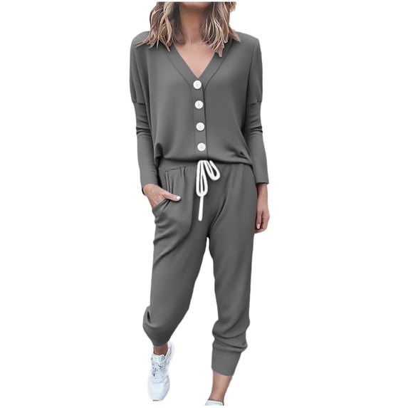 2 Piece Sweatsuits Long Sleeve Lounge Sets Womens Button Up V Neck Top and Joggers Pant Fall Outfits, Dark Gray XL