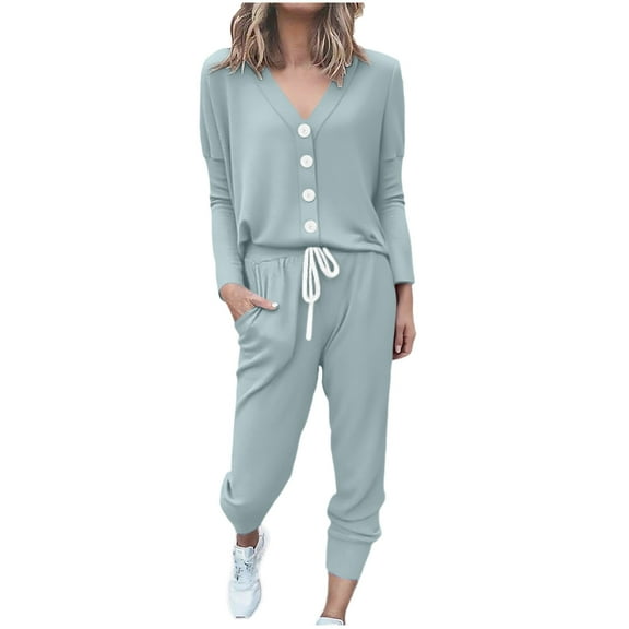 2 Piece Sweatsuits Long Sleeve Lounge Sets Womens Button Up V Neck Top and Joggers Pant Fall Outfits, Gray S
