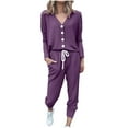thumbnail image 1 of 2 Piece Sweatsuits Long Sleeve Lounge Sets Womens Button Up V Neck Top and Joggers Pant Fall Outfits, Hot Pink S, 1 of 5
