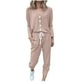 thumbnail image 1 of 2 Piece Sweatsuits Long Sleeve Lounge Sets Womens Button Up V Neck Top and Joggers Pant Fall Outfits, Khaki L, 1 of 5