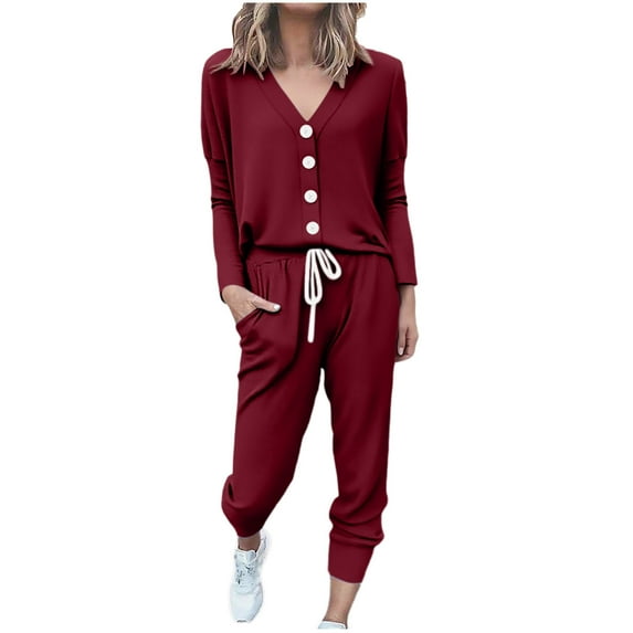 2 Piece Sweatsuits Long Sleeve Lounge Sets Womens Button Up V Neck Top and Joggers Pant Fall Outfits, Red L