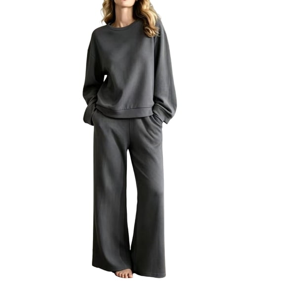 Domzest 2 Piece Sweatsuits Sets for Women Long Sleeve Crew Neck Sweatshirt and Wide Leg Sweatpants with Pockets Casual Tracksuit for Spring & Fall Dark Gray XL