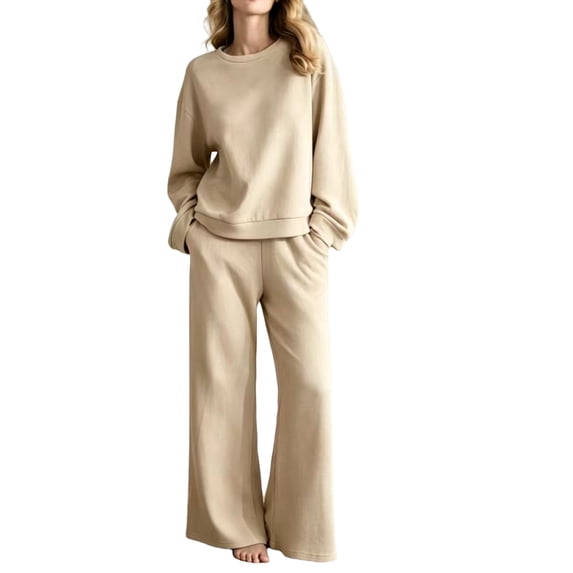 Domzest 2 Piece Sweatsuits Sets for Women Long Sleeve Crew Neck Sweatshirt and Wide Leg Sweatpants with Pockets Casual Tracksuit for Spring & Fall Khaki S