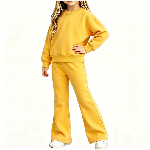 2 Piece Sweatsuits for Girl Flare Leg Lounge Set Crew Neck Pullover Cotton Fall Sweat Suit Sets Yellow, Size 1-2 Y