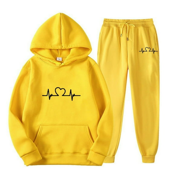 2 Piece Sweatsuits for Men Casual Sport Outfits Heart Print Hoodie Pullover and Joggers Pant Sets Tracksuits (XL, Yellow 01)