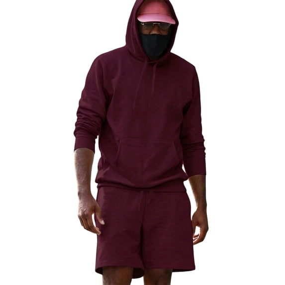 2 Piece Sweatsuits for Men Outfits Sets Loose Plain Hoodie and Shorts Sportswear Casual Fall Sweat Suit (XS, Wine)