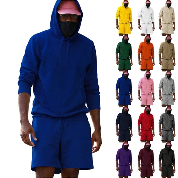 2 Piece Sweatsuits for Men Outfits Sets Loose Plain Hoodie and Shorts Sportswear Casual Fall Sweat Suit (XXS, Blue)