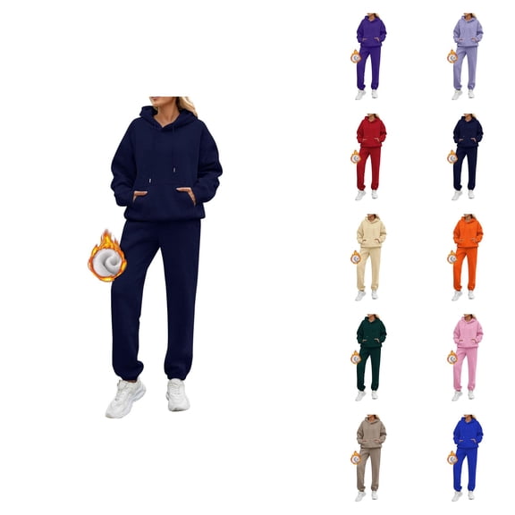 2 Piece Sweatsuits for Women 2026 Winter Trendy Plain Lined Hoodie and Joggers Sweatpants Matching Set