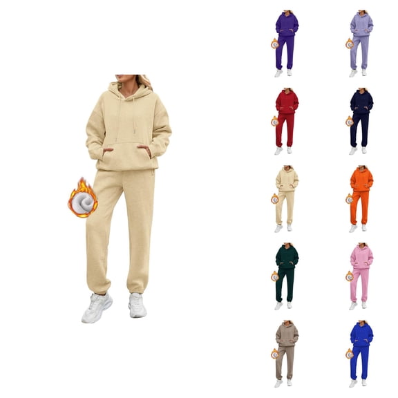 2 Piece Sweatsuits for Women 2026 Winter Trendy Plain Lined Hoodie and Joggers Sweatpants Matching Set