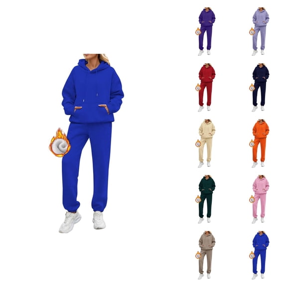 2 Piece Sweatsuits for Women 2026 Winter Trendy Plain Lined Hoodie and Joggers Sweatpants Matching Set