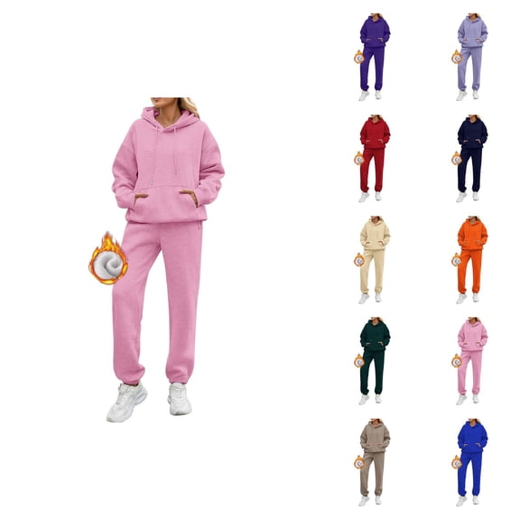 2 Piece Sweatsuits for Women 2026 Winter Trendy Plain Lined Hoodie and Joggers Sweatpants Matching Set