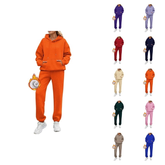 2 Piece Sweatsuits for Women 2026 Winter Trendy Plain Fleece Lined Hoodie and Joggers Sweatpants Matching Set