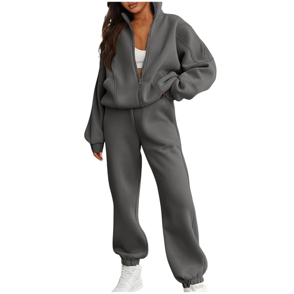 2 Piece Sweatsuits for Women Casual Zipper Hoodie Jacket Sweatshirts Jogging Baggy Sweat Pants Fashion Tracksuit Set (M, Dark Gray)