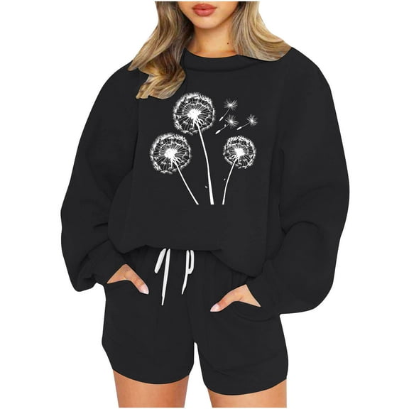 2 Piece Sweatsuits for Women Long Sleeve Print Crewneck Sweatshirt Shorts with Pocket Fall Cozy Casual Loose Outfits, Black, XL