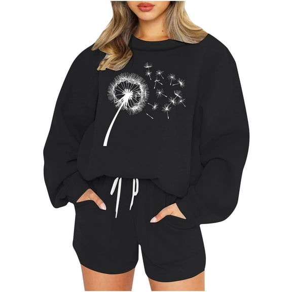 2 Piece Sweatsuits for Women Long Sleeve Print Pullover Sweatshirt Shorts with Pocket Fall Cozy Casual Loose Outfits, Black, M