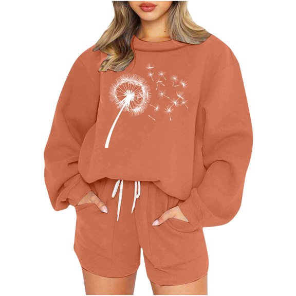 2 Piece Sweatsuits for Women Long Sleeve Print Pullover Sweatshirt Shorts with Pocket Fall Cozy Casual Loose Outfits, Orange, XL