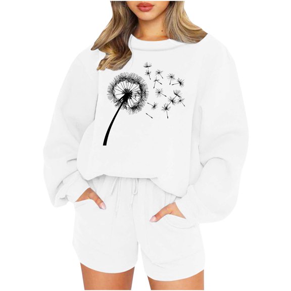 2 Piece Sweatsuits for Women Long Sleeve Print Pullover Sweatshirt Shorts with Pocket Fall Cozy Casual Loose Outfits, White, M