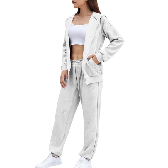 2 Piece Sweatsuits for Women with Pockets Oversized Full-zip Textured Hoodie Jacket and Jogger Sweatpant Sets (2XL, White)