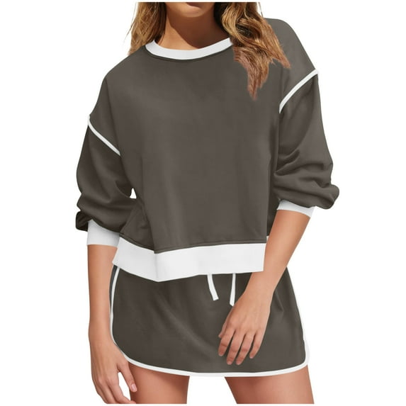 2 Piece Sweatsuits for Womens Skirt Set Long Sleeve Sweatshirts Skirted Skorts Tennis Casual Matching Set Tracksuit, S