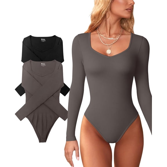 2 Piece Sweetheart V Neck Bodysuits for Women Long Sleeve Sexy Ribbed Bodycon Bodysuits