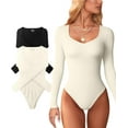 thumbnail image 1 of 2 Piece Sweetheart V Neck Bodysuits for Women Long Sleeve Sexy Ribbed Bodycon Bodysuits, 1 of 3