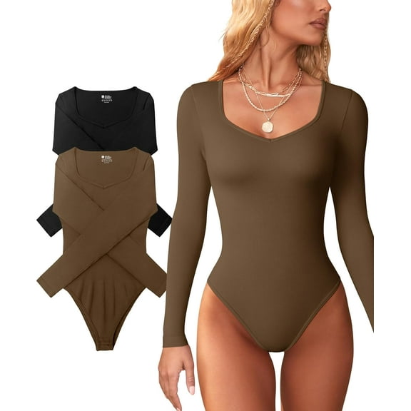 2 Piece Sweetheart V Neck Bodysuits for Women Long Sleeve Sexy Ribbed Bodycon Bodysuits
