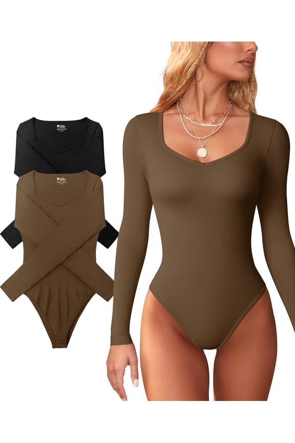 2 Piece Sweetheart V Neck Bodysuits for Women Long Sleeve Sexy Ribbed Bodycon Bodysuits