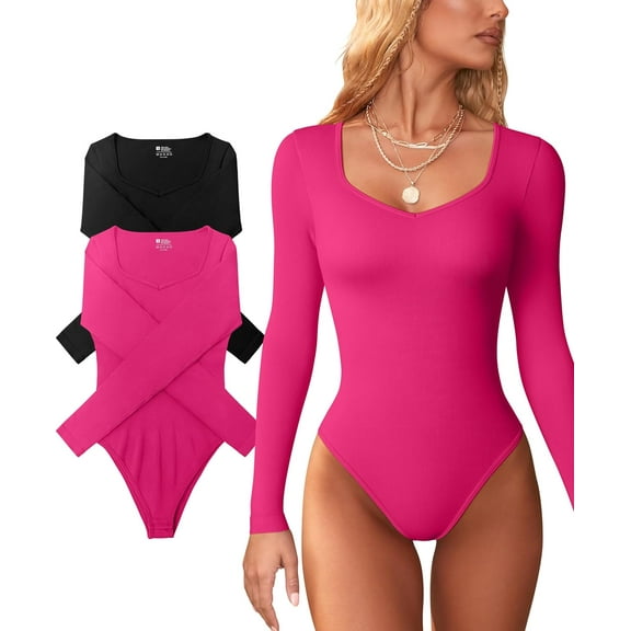 2 Piece Sweetheart V Neck Bodysuits for Women Long Sleeve Sexy Ribbed Bodycon Bodysuits