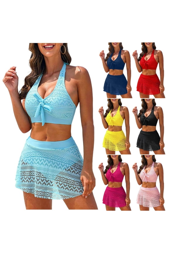2 Piece Swimsuit For Women Modest Stretchy Beach Bathing Suit V Neck Tops High Waist Mesh Patchwork Thongs (3XL, Sky Blue)