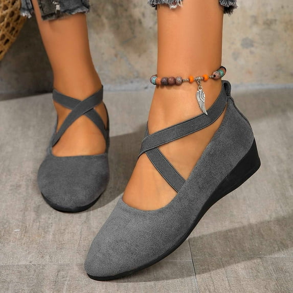 Women's Ballet Flats Fashion Elastic Ankle Straps Wedge Shoes Suede Slip on Shoes,Gray 41