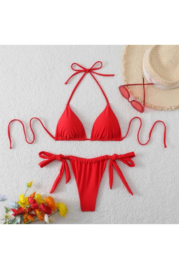 2 Piece Swimsuit for Women, Two Piece Swimsuit for Women, Bikini Sets for Women Two Piece Swimsuits Halter String Triangle Bathing Suit Tie Side Bottom Swimwear, Red L