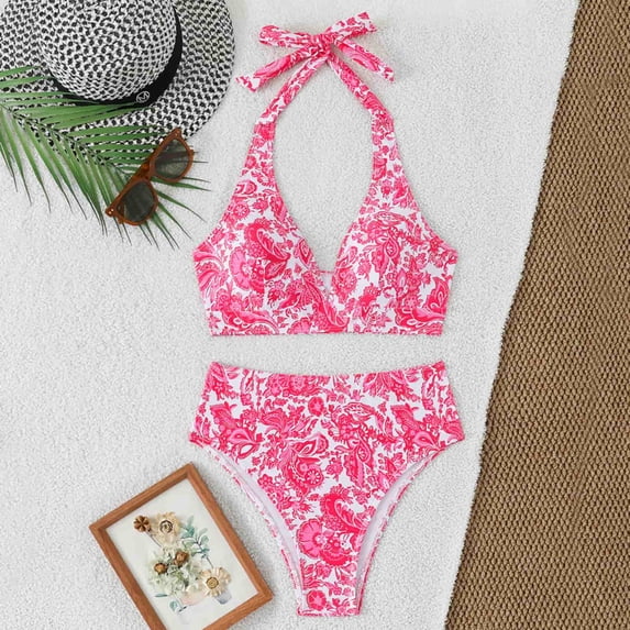 2 Piece Swimsuit for Women, Two Piece Swimsuit for Women, Womens Tummy Control Bathing Suits Modest High Waisted Bikini Sets Cute Halter 2 Piece Swim Suit 2026, Pink M