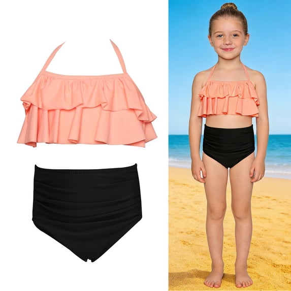 2 Piece Swimsuit for Kids Girls Backless Halter Swimwear with Chest Pad Beach Sport 5-6 Years