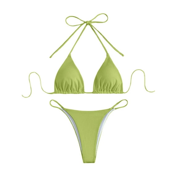 2 Piece Swimsuit for Women Solid Three-Point Bikini Spaghetti Strap Stylish Adjustable Light Green Women Bathing Suits S