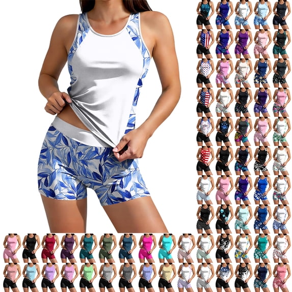 2 Piece Swimwear For Women Crew Neck Built In Bra Tank Tops High Waist Shorts Stretchy Quick Dry Bathing Suit (XL, Light Blue)