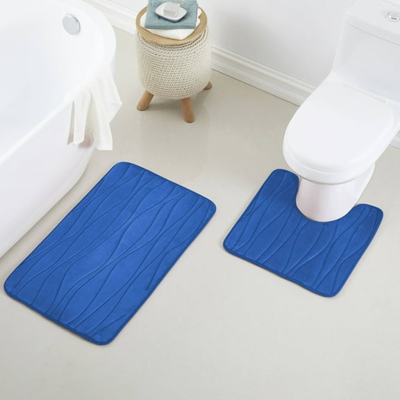 2 Piece Swirls Design Embossed Solid Color Memory Foam Soft Bathroom Rug Set Non-Slip PVC Backing
