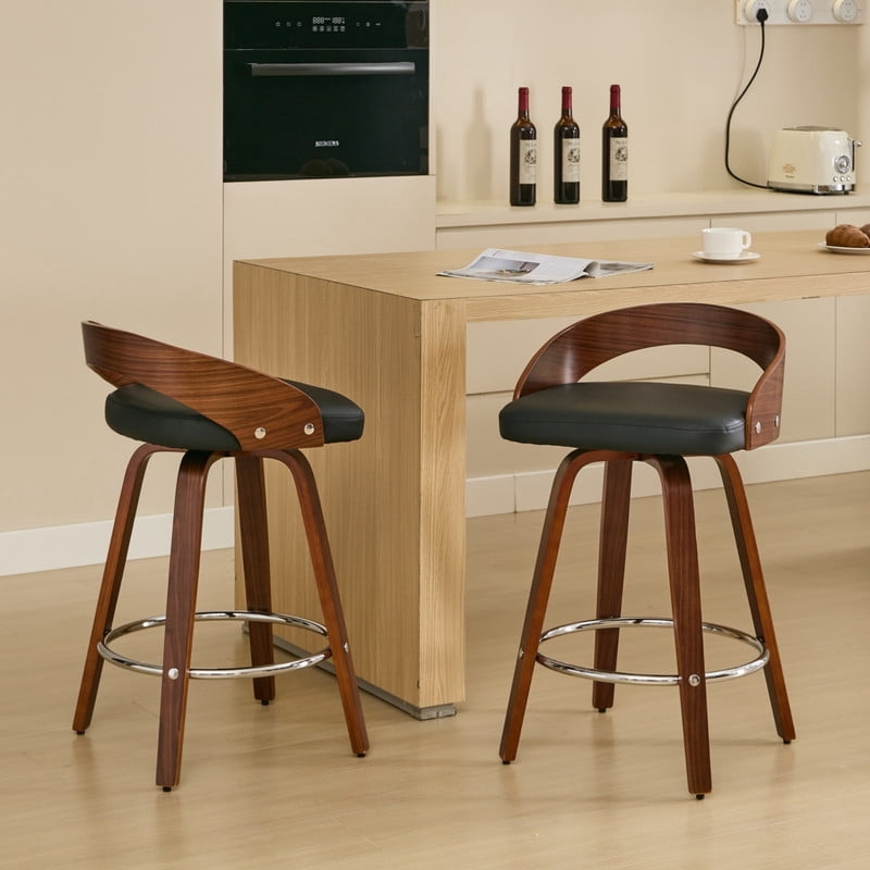 2-Piece Swivel PU Leather Upholstered Seat Bar Stools w/ Footrest, 25in Bar Height Accent Pub Chairs w/ Curved Backrest