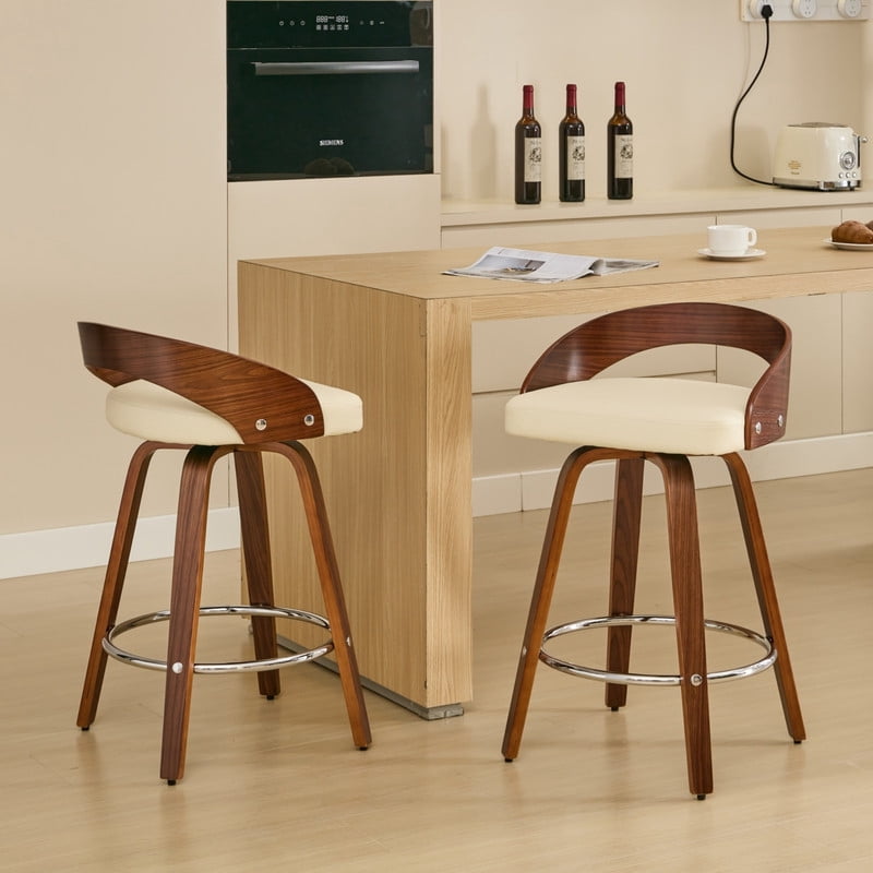 2-Piece Swivel PU Leather Upholstered Seat Bar Stools w/ Footrest, 25in Bar Height Accent Pub Chairs w/ Curved Backrest
