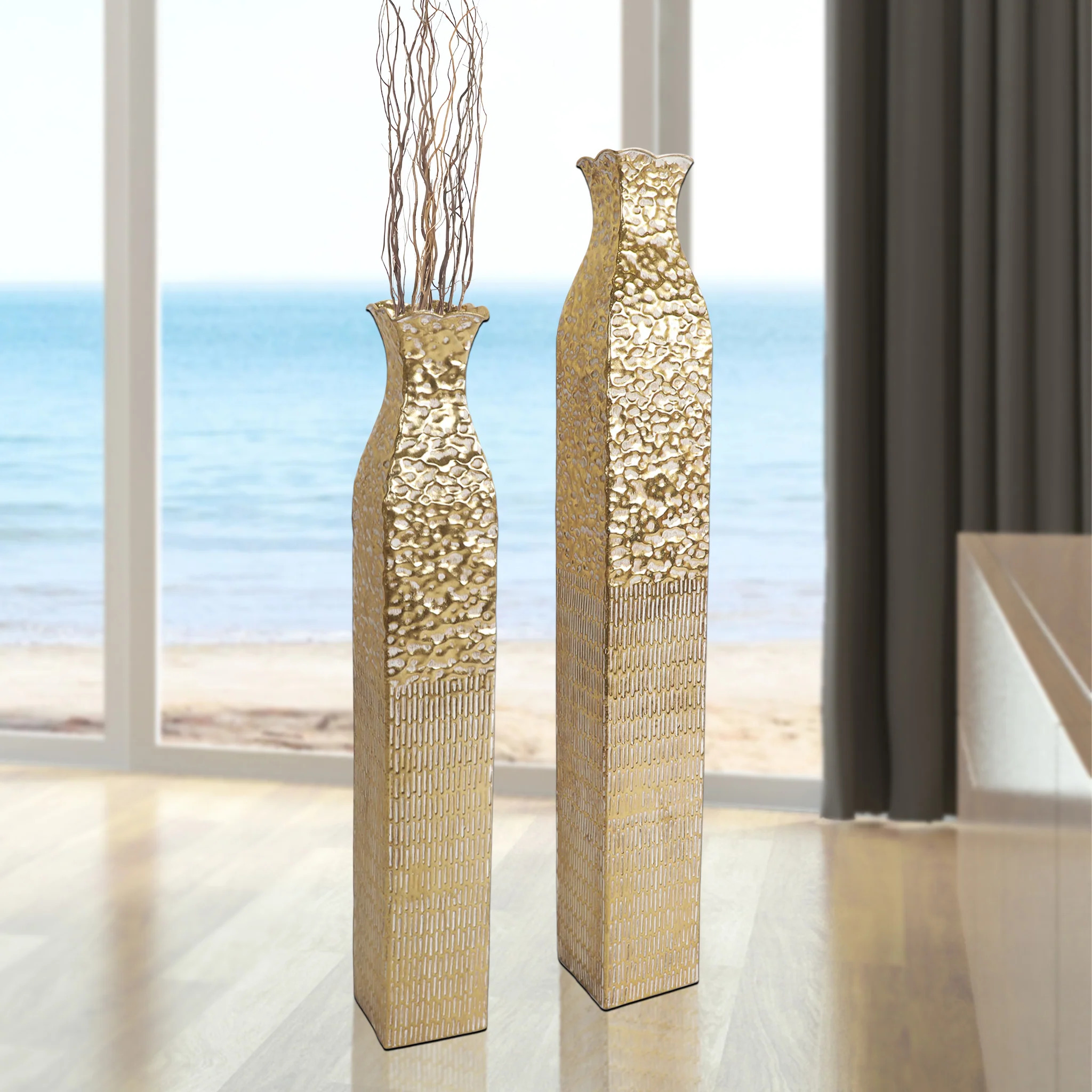 2 Piece Tall Vases, Gold Metal Decorative Floor Vases, Indoor Decor for ...