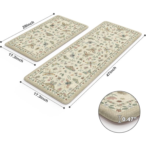 2-Piece Tan Memory Foam Kitchen Mat Set - 17"x29"+17"x59" Anti-Fatigue Non-Slip Waterproof Ergonomic Standing Rug for Kitchen & Bar