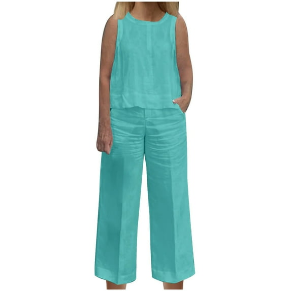 2 Piece Tank Top Sets for Women Summer Casual Linen Set Solid Color Pant Plus Size Outfits