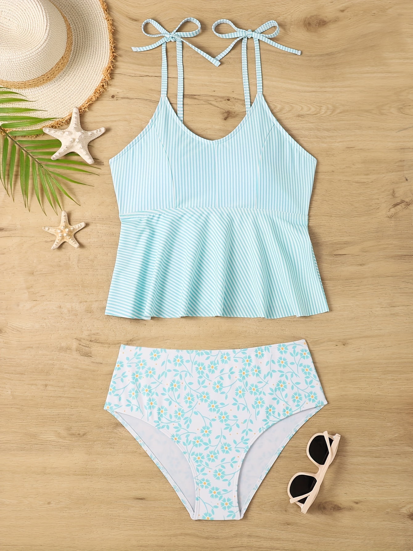 Black Abstract Printed Buckle Crossed Straps Skirted Tankini 2pcs Swimsuit