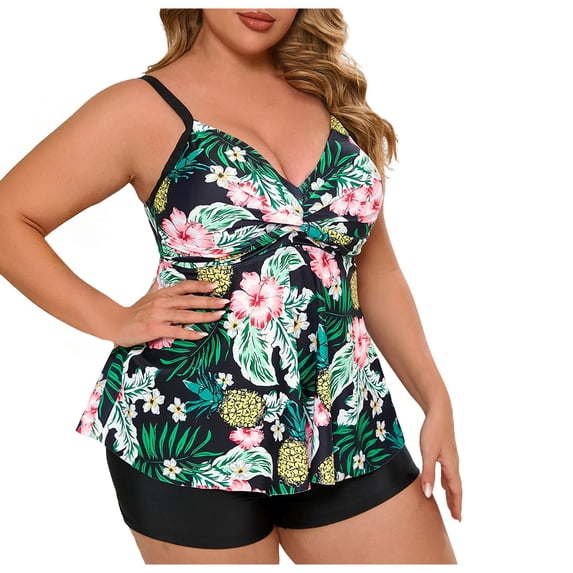 2 Piece Tankini Sets For Women Plus Size Print Tank Tops Hide Belly Shorts Modest Quick Dry Stretchy Bathing Suit (XXL, Green)
