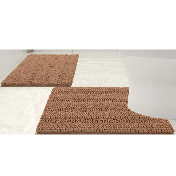 2 Piece Taupe Soft Cozy Plush Chenille Bath Mat & Contour Bath Rug