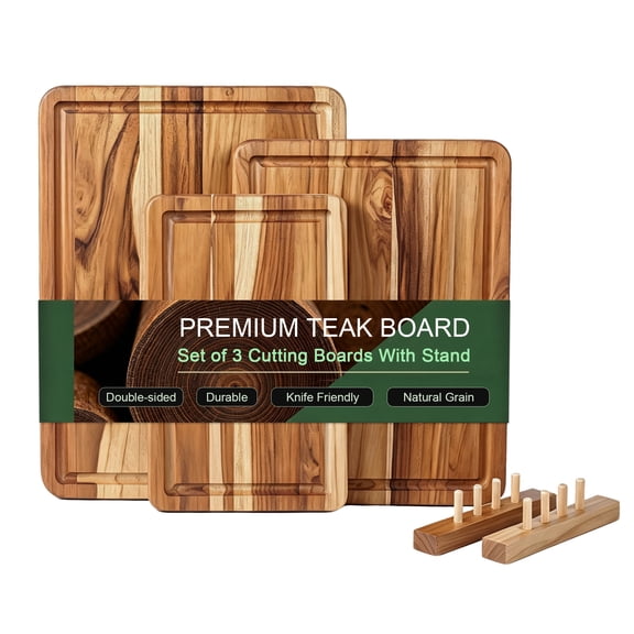 Zovano 3pcs Teak Cutting Board Set with Stand Storage, Deep Juice Groove for Kitchen Gift