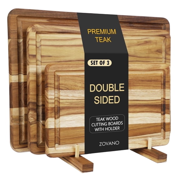 Zovano Teak Cutting Board Set with Stand for Kitchen, Wood Chopping Boards with Deep Juice Groove, Charcuteire Butcher Block Gift Housewarming