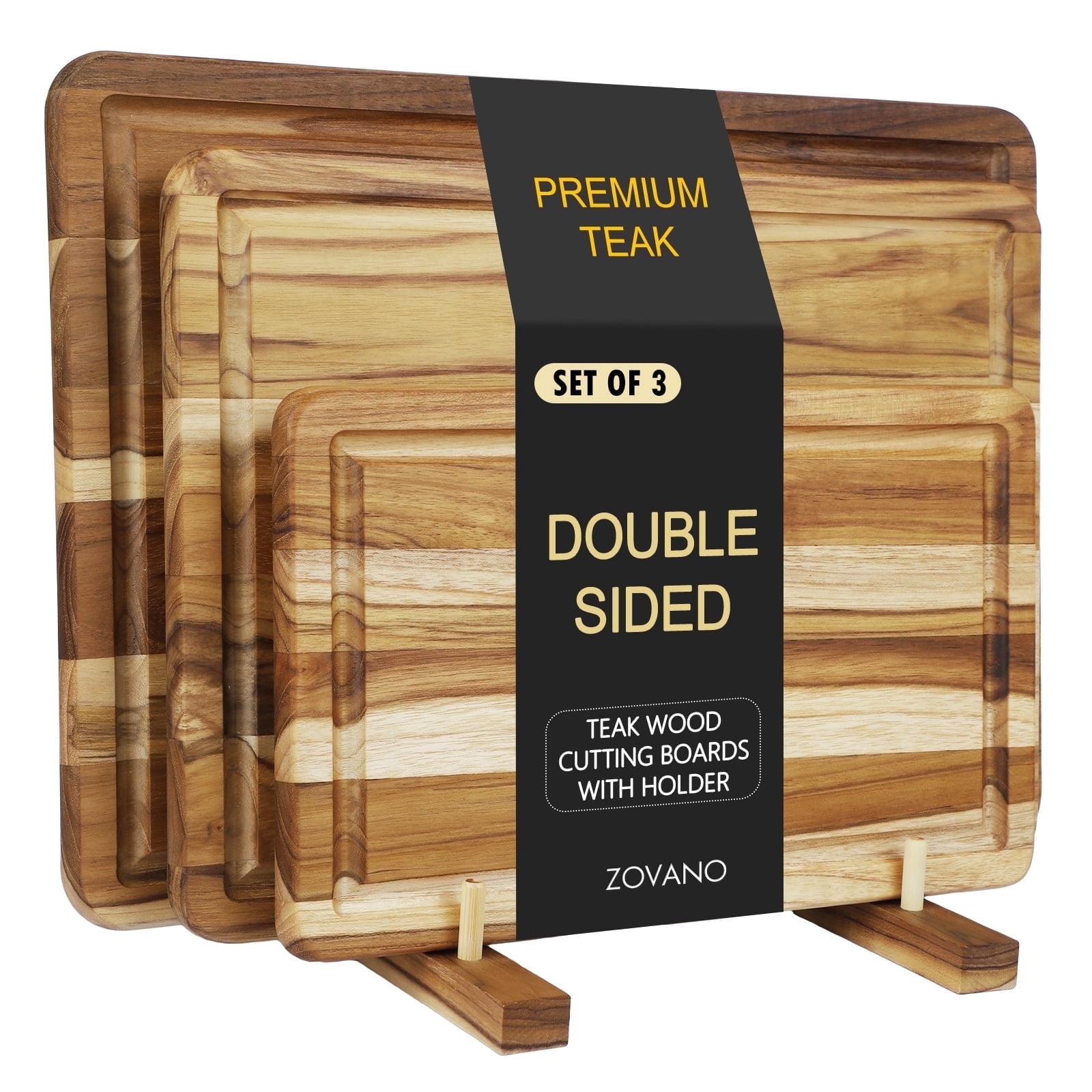 Zovano Teak Wood Cutting Board Set with Stand for Kitchen, Chopping Boards with Deep Juice Groove, Charcuteire Butcher Block Gift for Chef Housewarming Wedding
